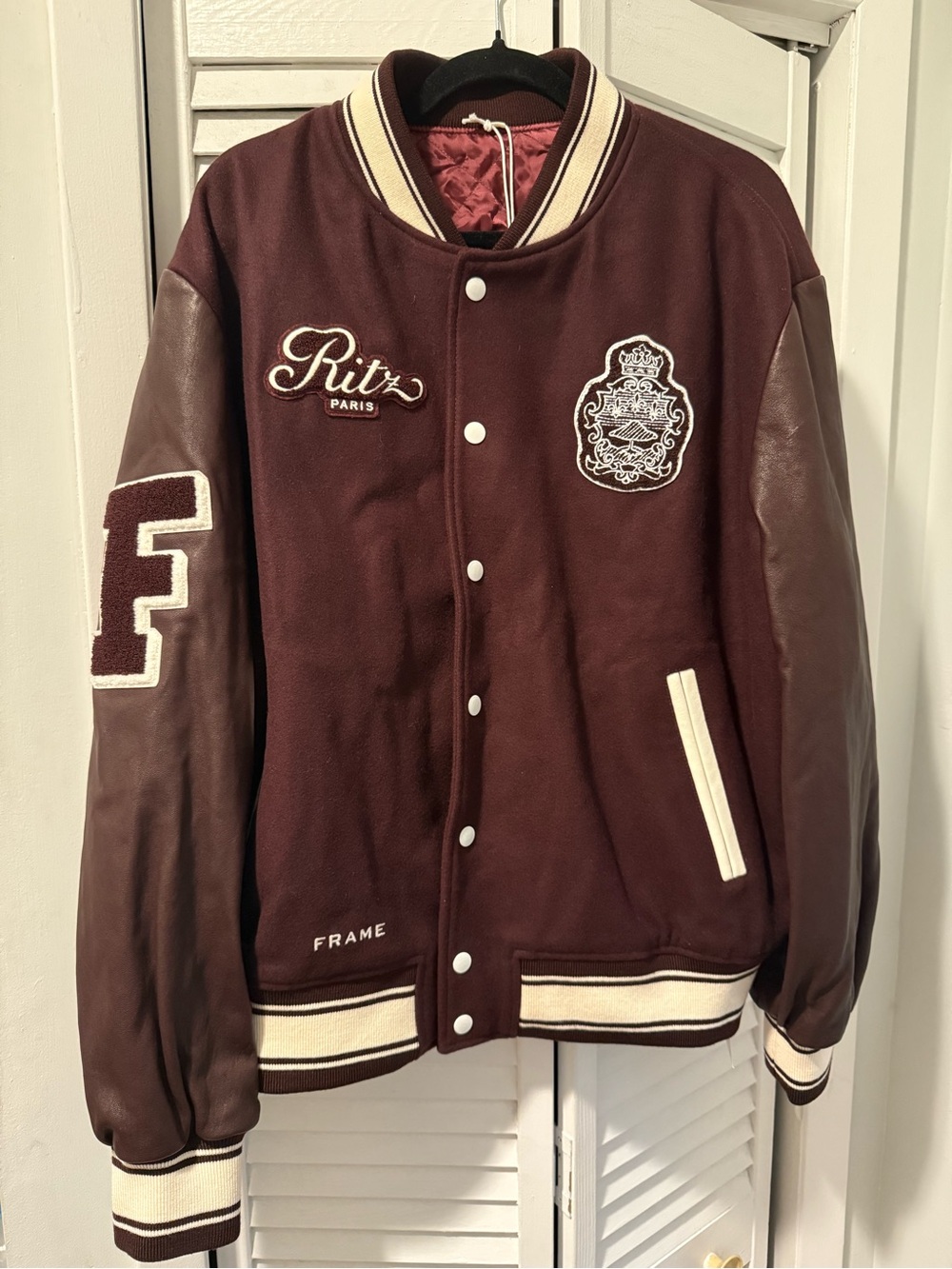 NWT Frame Denim x Ritz Paris Leather and Wool Varsity Jacket Size Large